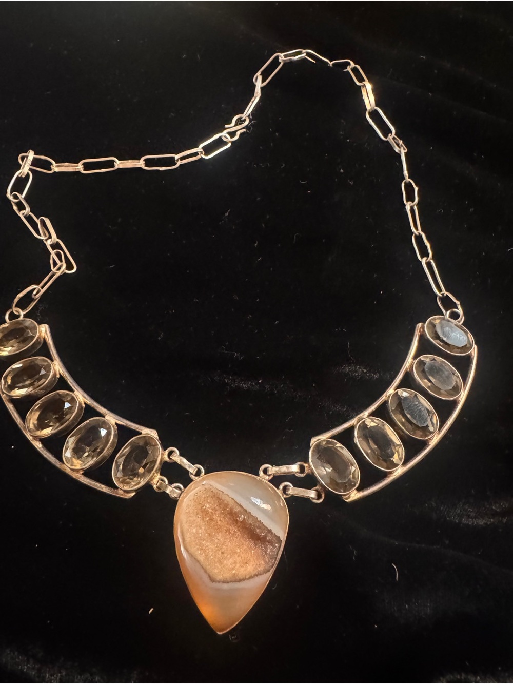 Gold-Tone Druzy Teardrop Necklace with Brown Agate and Smoky Accents